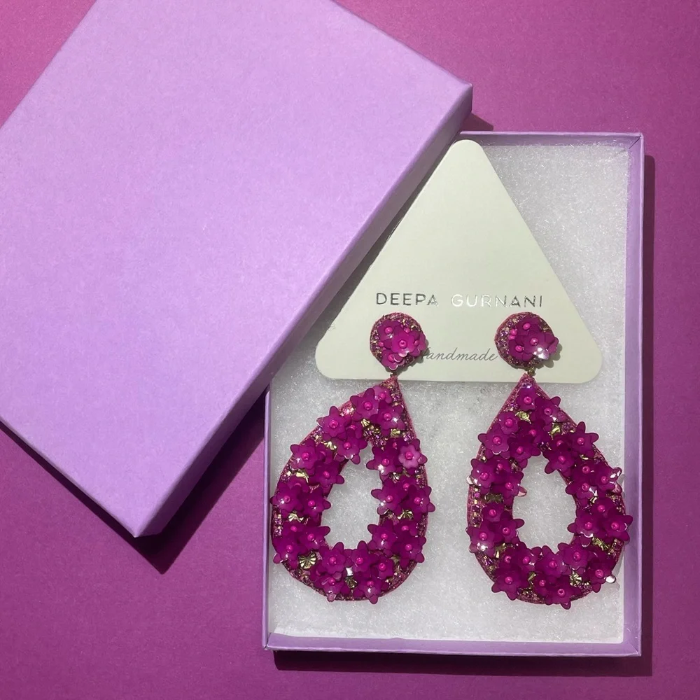 NWT Deepa Gurnani Anthropolgie Beaded Crystal Flower Statement Earrings - Picture 10 of 12